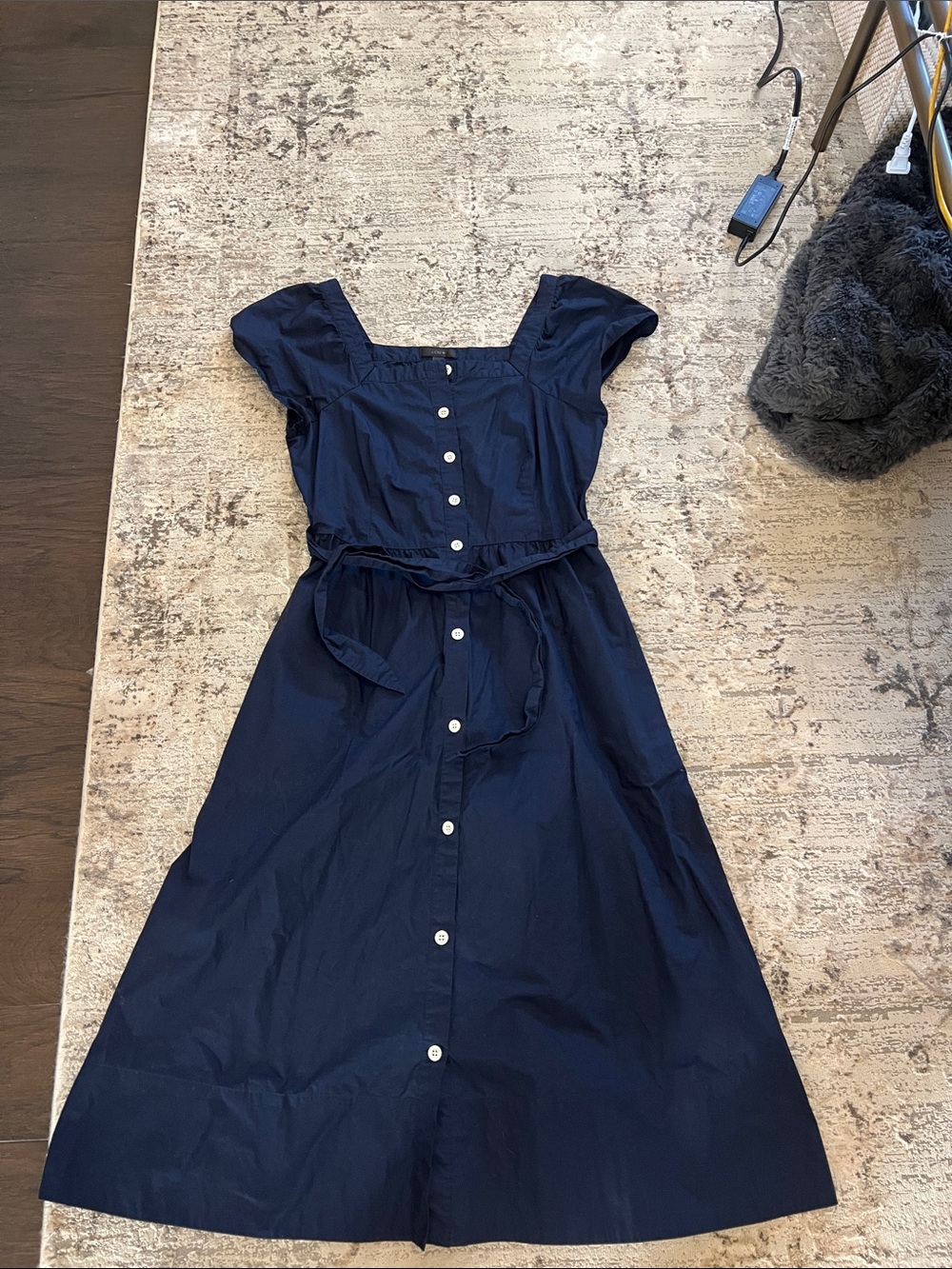 J Crew Classic Navy Button-Front Midi Dress with Tie Waist